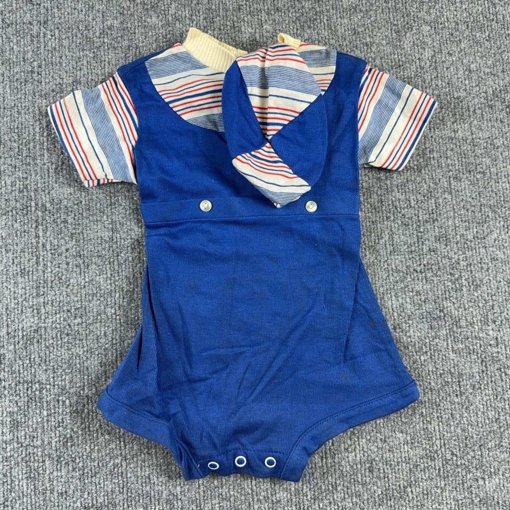 Vintage Romper Boys 18-24 Months Blue Striped Knit One Piece Bodysuit Hat Set